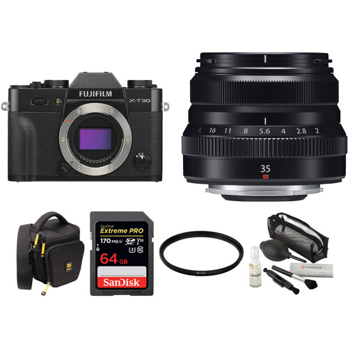 FUJIFILM X-T30 Mirrorless Digital Camera with 35mm f/2 Lens and Accessories Kit (Black)