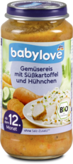 babylove Bio bébiétel zöldséges rizs édesburgonyával és csirkével 12 hónapos kortól, 250 g