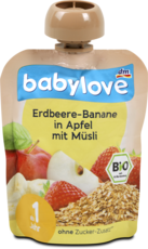 babylove Bio gyümölcspüré eperrel, banánnal, almával és müzlivel 1 éves kortól, 90 g