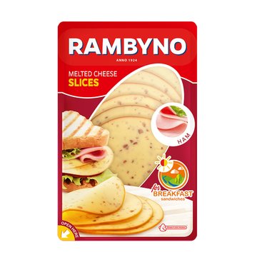 Lydyto RAMBYNO sūrio su kumpiu riekelės, 45% riebumo, 150 g