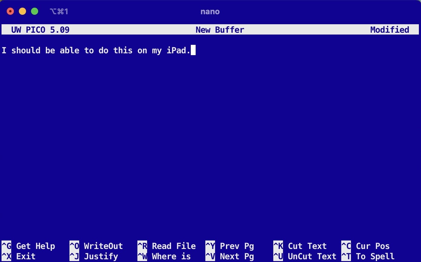 iTerm2 running the nano text editor on my MacBook with the text “I should be able to do this on my iPad”