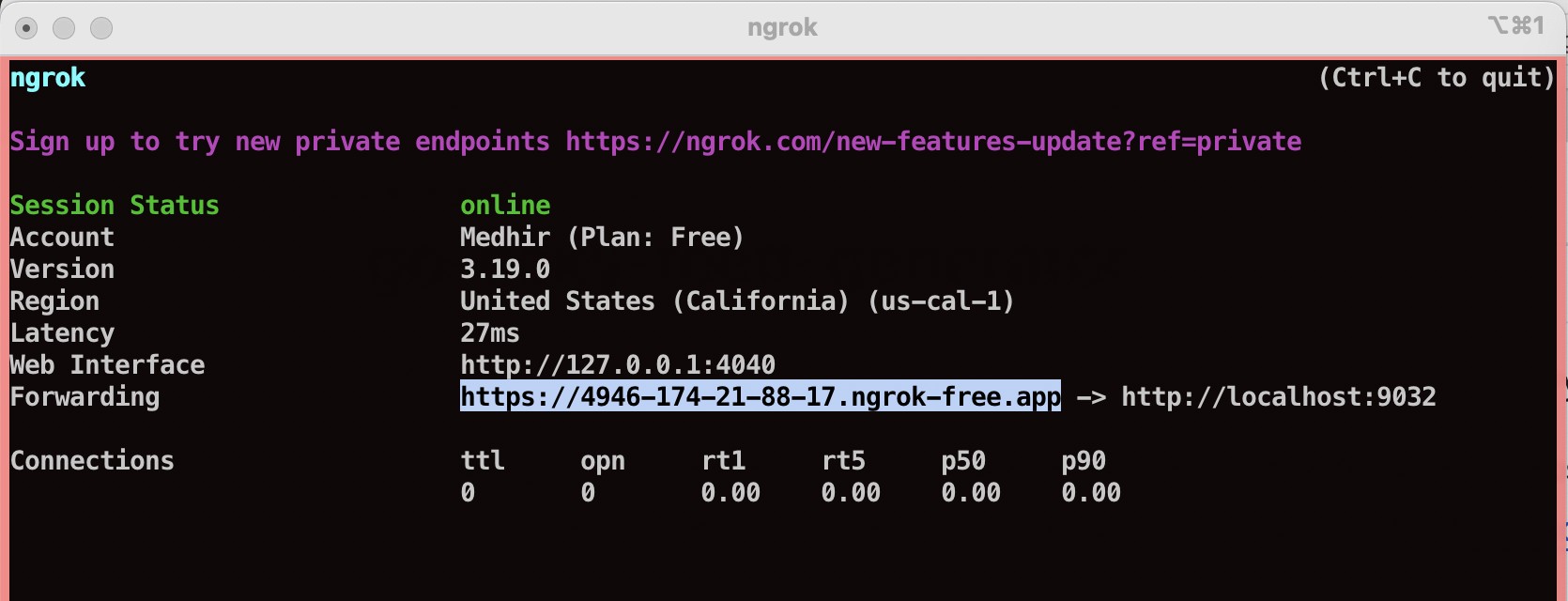 screenshot of ngrok running, showing the https endpoint that forwards traffic to the local feed generator