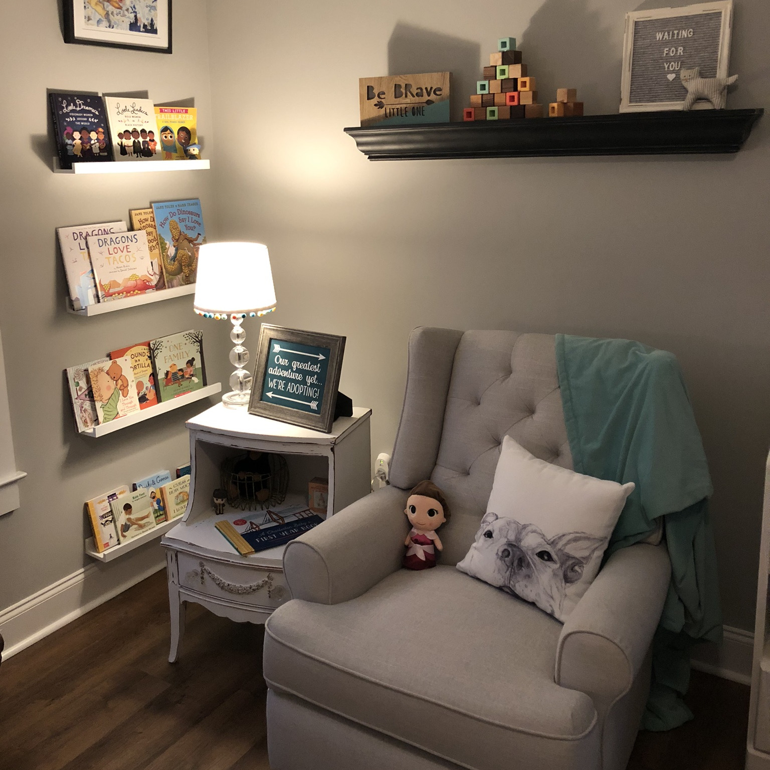 Our favorite corner in the nursery. We can’t wait to read to and rock a little one right here.