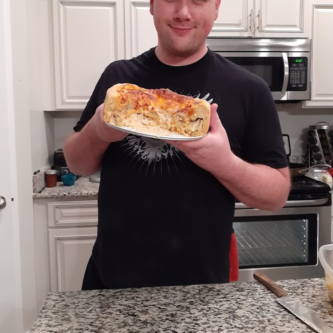Jason love to cook! He made an amazing deep-dish chicken artichoke pizza.