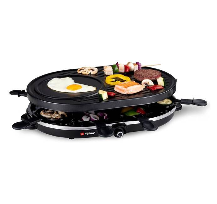 Appareil à raclette 8 personnes 1200W Polyvalent Grill + Raclette  Revêtement Anti-adhésif Poellons et spatules