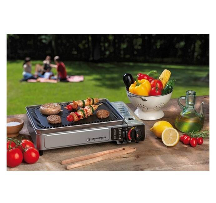 Plancha gaz portable 2300W Kemper plaque anti adhésive + 8 cartouches gaz  camping + Valise de transport au meilleur prix