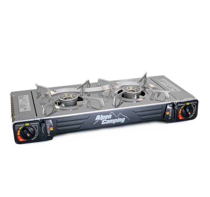 Réchaud à gaz 2 feux 4400W Inox Portable Allumage piezo ALPEN Camping