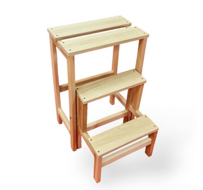 Tabouret Escabeau en Bois d'Hévéa Pliant Marchepied 3 Marches