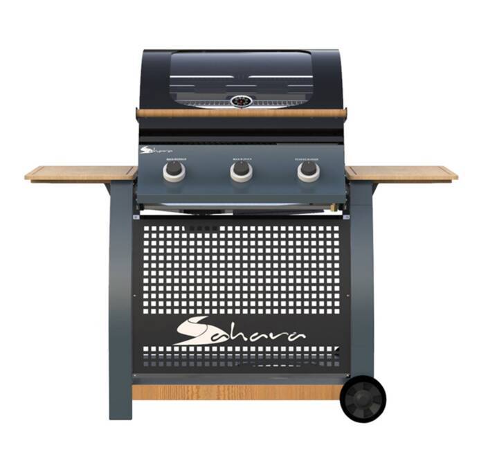 Barbecue à gaz 8 personnes Cuisson 66 x 39cm 3 brûleurs 13KW 2 Tablettes bois Garanti 10 ans SAHARA
