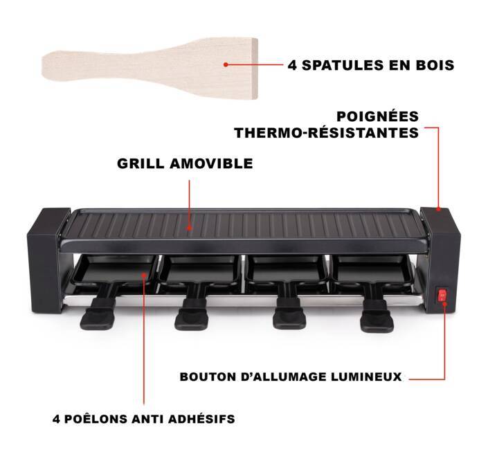 Appareil a Raclette 8 Personne Service a Raclette avec Revêtement  Anti-Adhésif Plaque de Cuisson 8 Poêlons Antiadhésifs 4 Spatules en Bois,  Thermostat Intellectuel, Appareil Raclette 1500W : : Cuisine et  Maison
