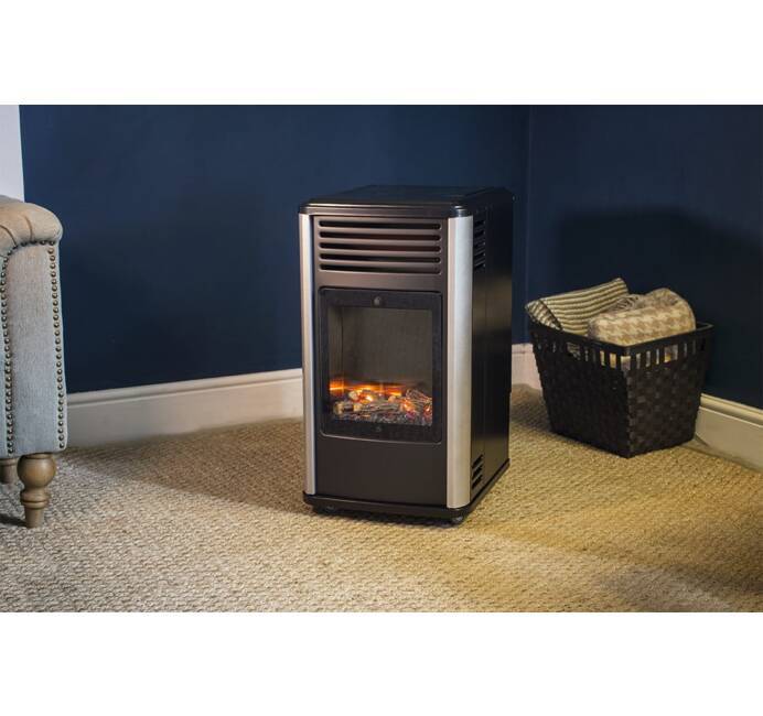 Poêle à gaz 3.4 kW Noir effet poêle à bois Manhattan Chauffage d'appoint +  Tuyau gaz + Détendeur butane UNIVERSAL