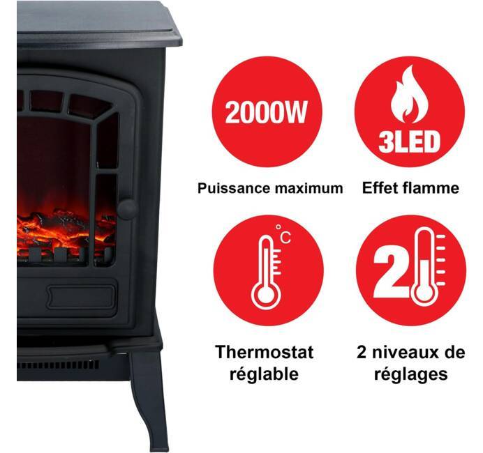 Cheminée électrique Effet flamme 2000W Thermostat réglable 3 LED Chauffage  d'appoint Torino CLASSIC FIRE