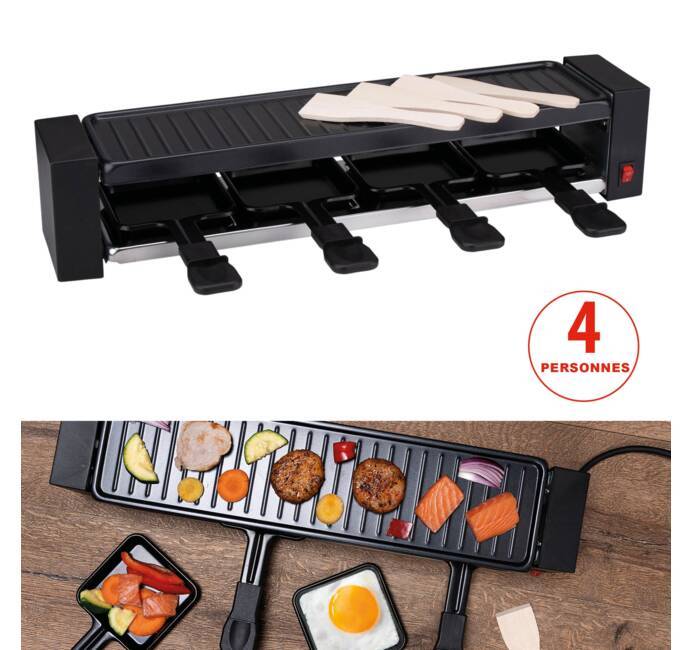 Appareil à raclette 4 personnes 800W Polyvalent Grill + Raclette Revêtement  Anti-adhésif Poelons et spatules 230V ALPINA