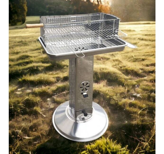 Barbecue à Charbon Inox Grille de Cuisson 58 x 38 cm Broche à Rôtir
