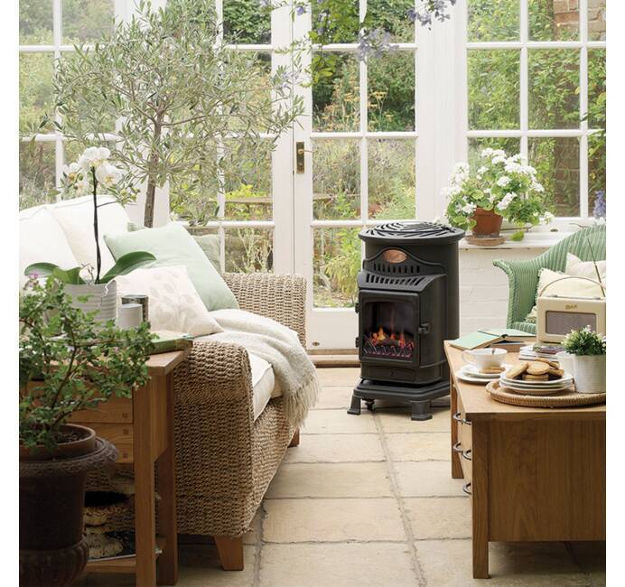 Poele à gaz 3.4KW Noir Effet poêle à bois Fonte véritable Provence Universal
