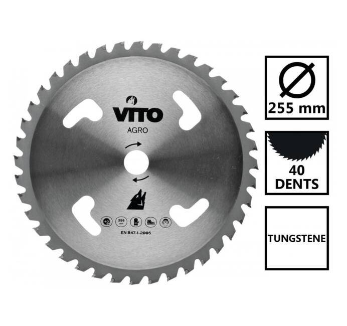 Lame de coupe pour Débroussailleuse 40 dents diam 255mm Carbure Alesage 25.4 VITO