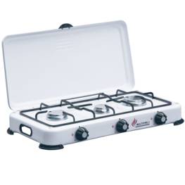 Plaque de cuisson gaz portable 3 feux 4100W Bruleurs inox Réchaud gaz Butane ou propane Blanc laqué Couvercle