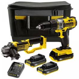 Pack Stanley FATMAX 2 Outils Perceuse + Meuleuse 18V 2 Batteries 2Ah FMCK464D2 + Chargeur + sacoche