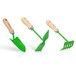 Kit 3 outils de jardin VITO Acier et manche bois de hêtre Transplantoir + Serfouette + Rateau 5 dents