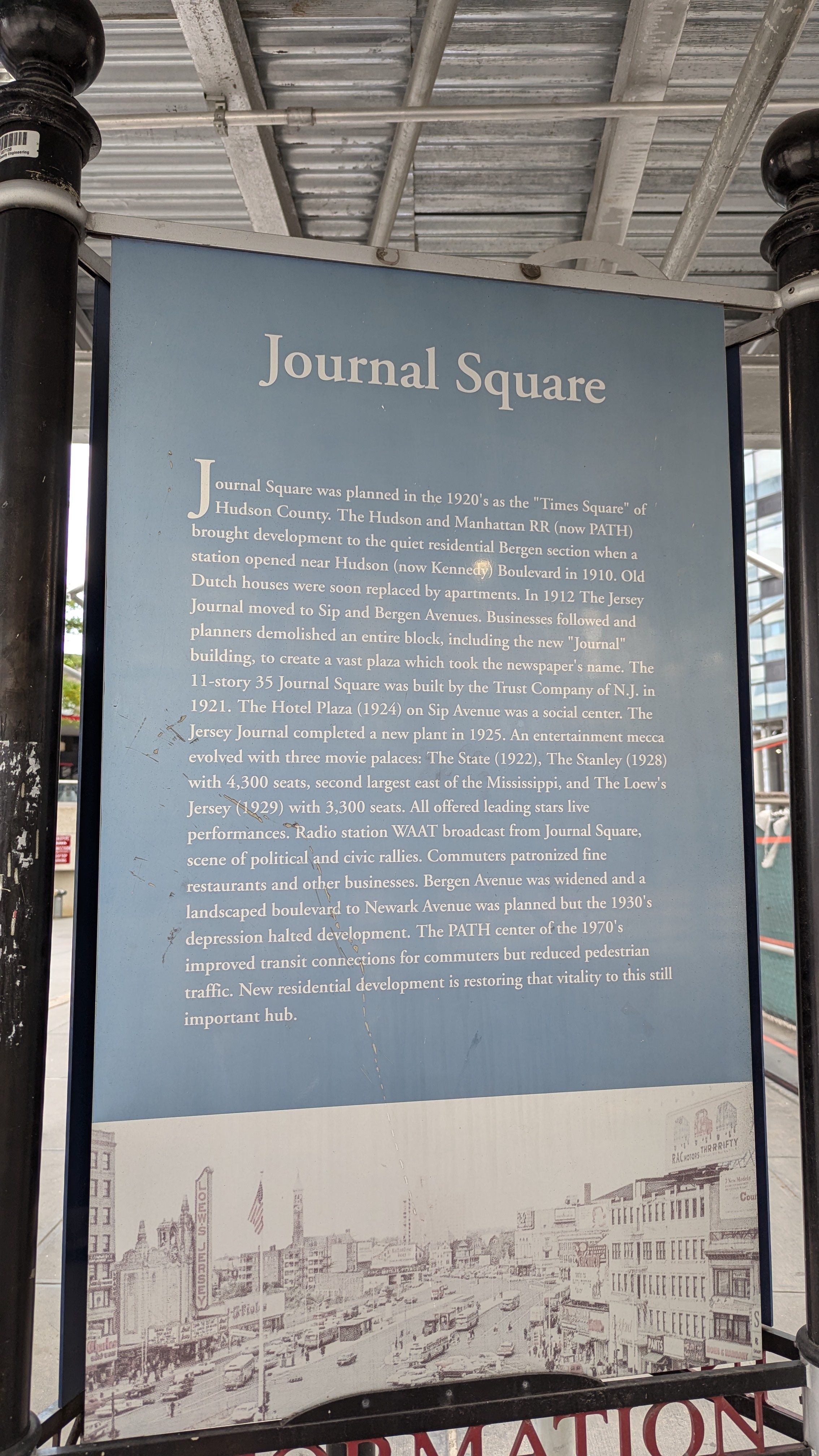 Journal Square Journal Square was planned in the 1920's as the "Times Square" of Hudson County. The Hudson and Manhattan RR (now PATH) brought development to the quiet residential Bergen section...