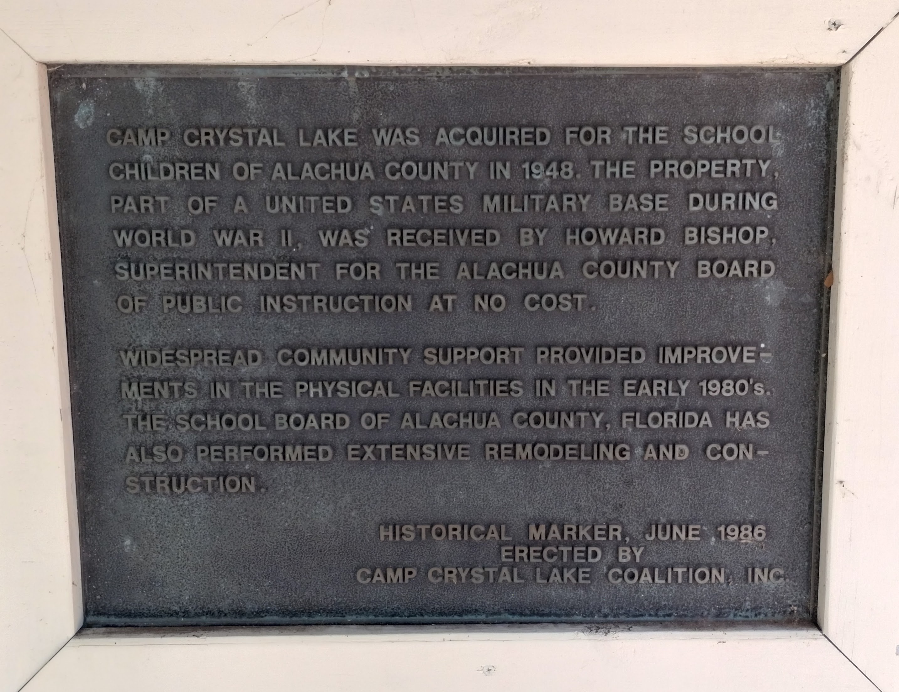 CAMP CRYSTAL LAKE WAS ACQUIRED FOR THE SCHOOL CHILDREN OF ALACHUA COUNTY IN 1948. THE PROPERTY, PART OF A UNITED STATES MILITARY BASE DURING WORLD WAR II, WAS RECEIVED BY HOWARD BISHOP,...