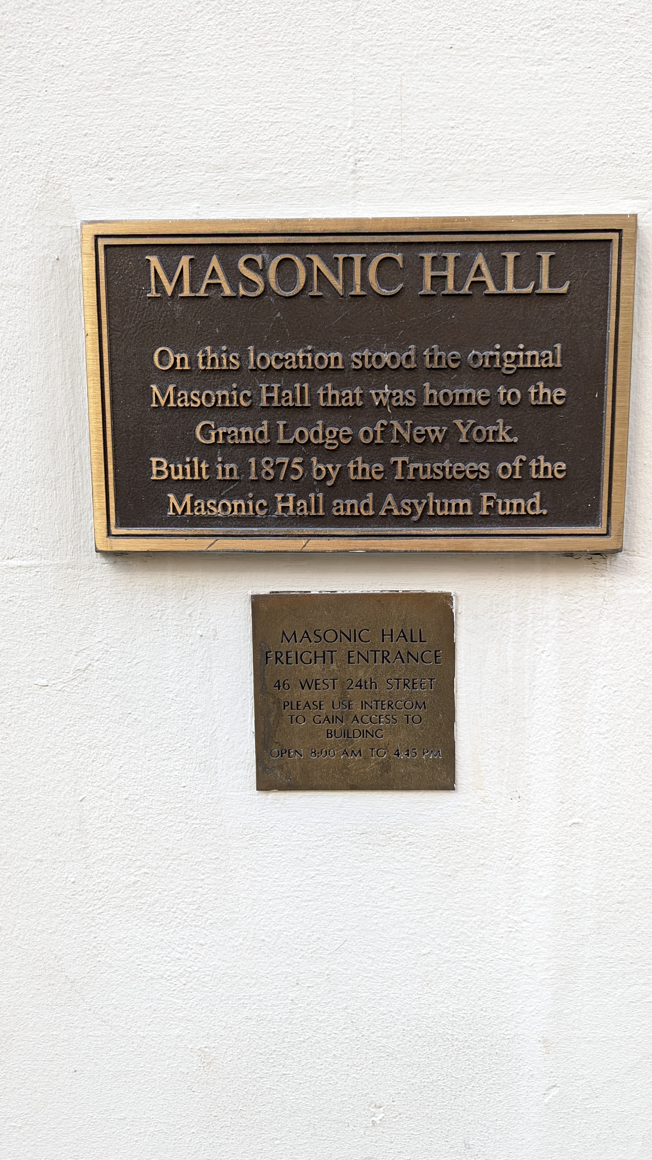 MASONIC HALL On this location stood the original Masonic Hall that was home to the Grand Lodge of New York. Built in 1875 by the Trustees of the Masonic Hall and Asylum Fund.