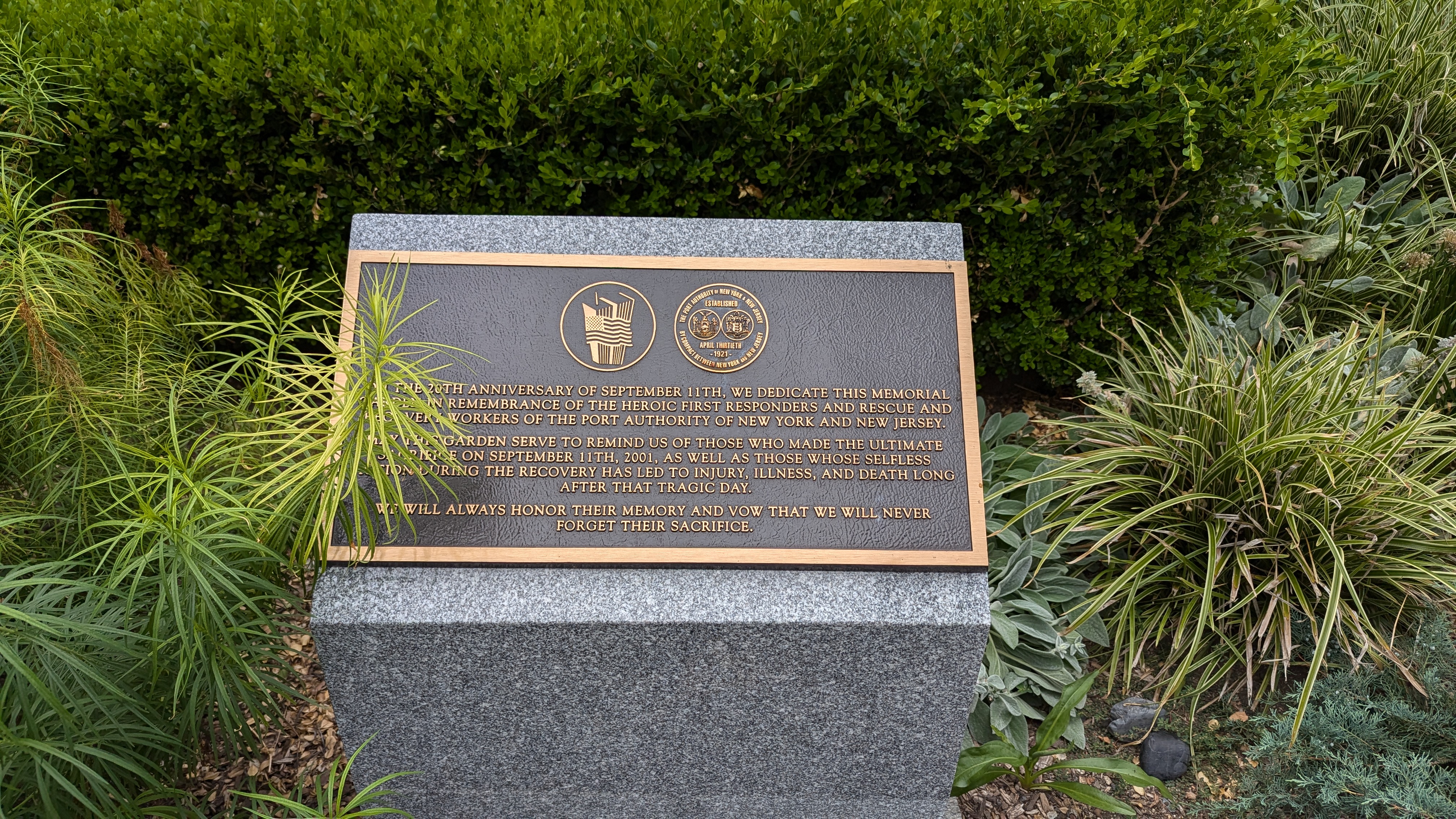 THE 20TH ANNIVERSARY OF SEPTEMBER 11TH, WE DEDICATE THIS MEMORIAL GARDEN IN REMEMBRANCE OF THE HEROIC FIRST RESPONDERS AND RESCUE AND RECOVERY WORKERS OF THE PORT AUTHORITY OF NEW YORK AND NEW...