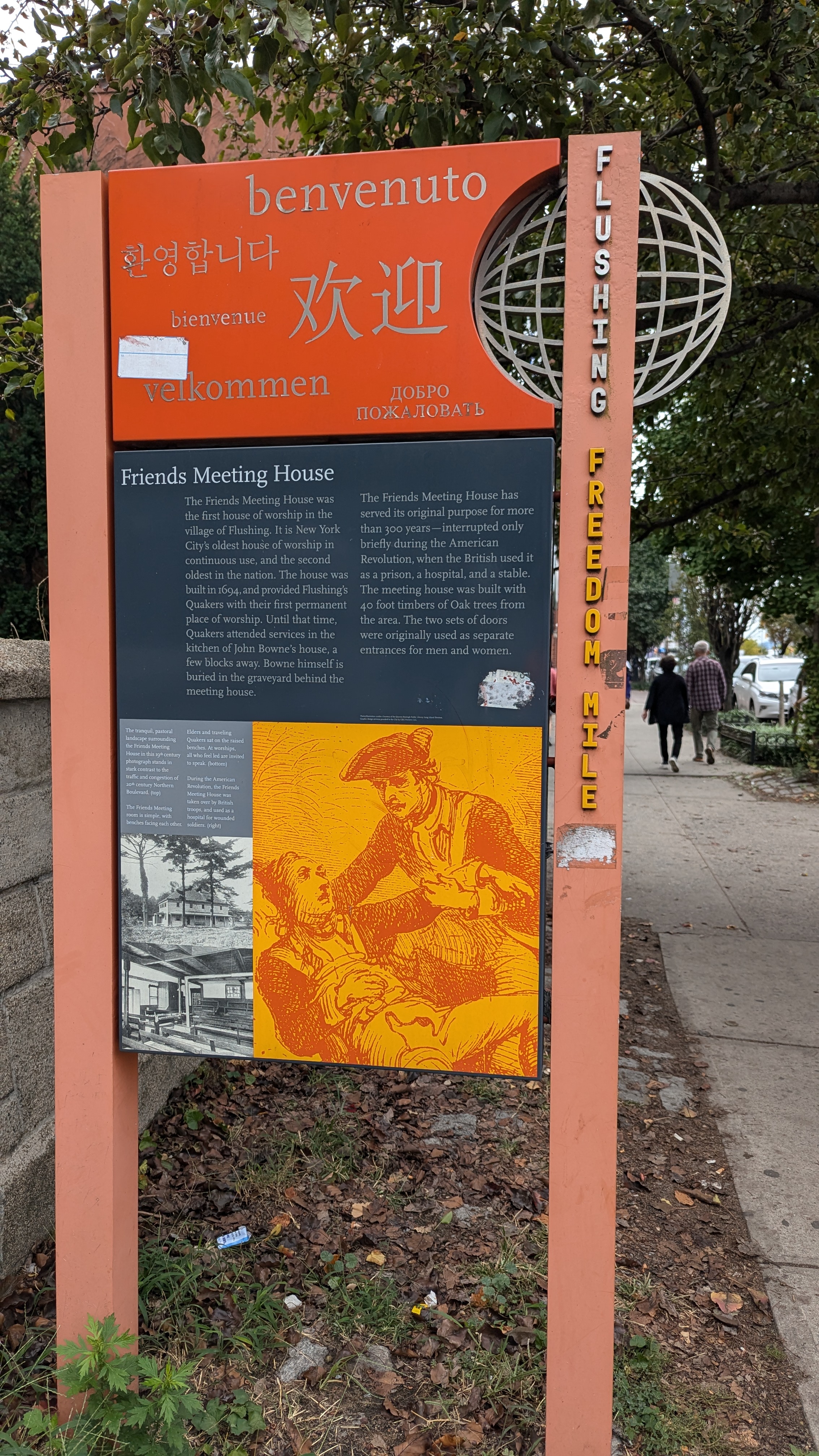 FLUSHING FREEDOM MILE benvenuto 환영합니다 欢迎 velkommen ДОБРО ПОЖАЛОВАТЬ Friends Meeting House The Friends Meeting House was the first house of worship in the village of Flushing. It is New York City's...