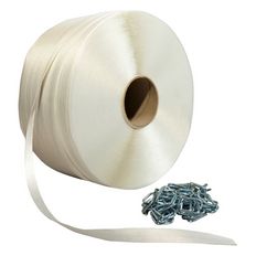 Pack 1 Fita de cintar têxtil fio a fio 16 mm x 850 m + 250 grampos - Cinta têxtil de alta resistência 450kg - TECPLAST PFF1