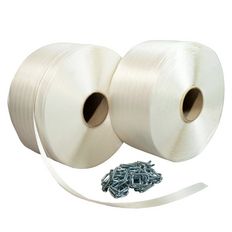 Pack 2 Fitas de cintar têxtil fio a fio 16 mm x 850 m + 250 grampos GRÁTIS - Cinta têxtil Resistência 450kg - TECPLAST PFF2