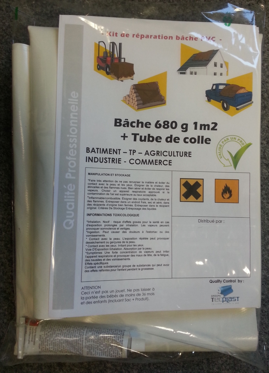 Kit di Riparazione per telone in PVC Grigio - Qualità PRO TECPLAST KITREP - Telo 1x1 m e tubo di colla in neoprene