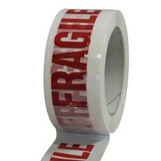 Verpakkingstape wit bedrukt "FRAGILE" in rood - PP 28µ - Plakband 50 mm x 100 m - 1 rol