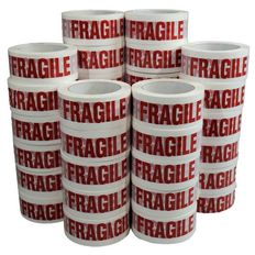 Verpakkingstape wit bedrukt "FRAGILE" in rood - PP 28µ - Plakband 50 mm x 100 m - Doos van 36 rollen
