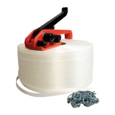 Kit 1 Fita de cintar têxtil fio a fio 16 mm x 850 m + 250 grampos GRÁTIS + 1 esticador - Resistência 450kg - TECPLAST KFF1