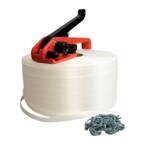 Kit 1 Fita de cintar têxtil fio a fio 16 mm x 850 m + 250 grampos GRÁTIS + 1 esticador - Resistência 450kg - TECPLAST KFF1