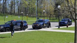 Officers respond to the report of an active attacker. This image was taken during the filming of the DPSS video on Responding to an Active Attacker. This was not a real life situation.