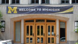 Banner above campus entrance with a large block M and text that read, "Welcome to Michigan"