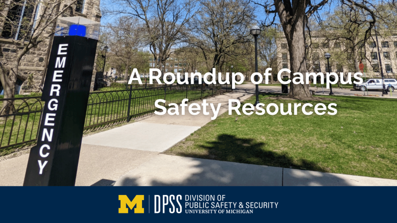 Campus safety resources. Photo of bluelight phone on U-M campus.