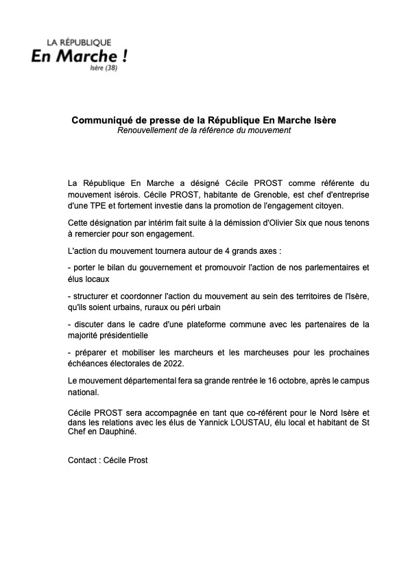 Communiqué de Presse : Changement de référent à la République en Marche Isère