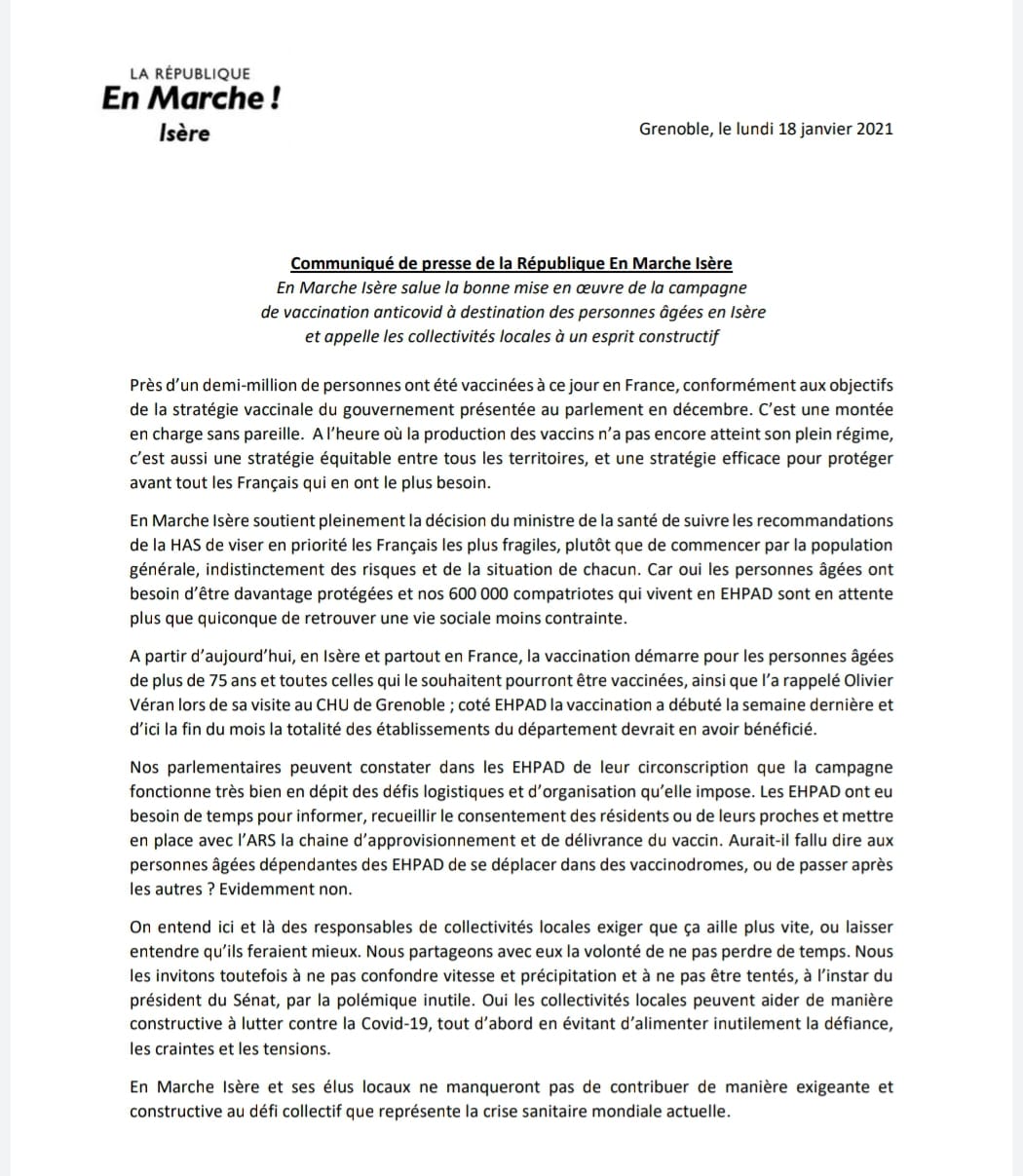 Communiqué de La République En Marche Isère sur la stratégie de vaccination