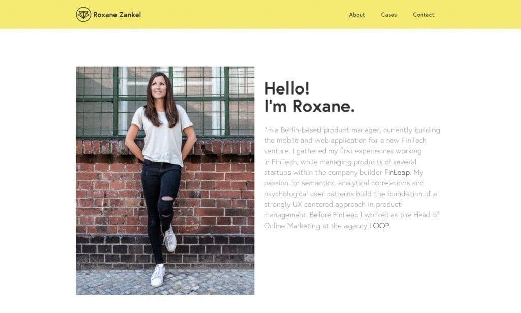 Página sobre do portfolio de Roxane Zankel: foto e apresentação.