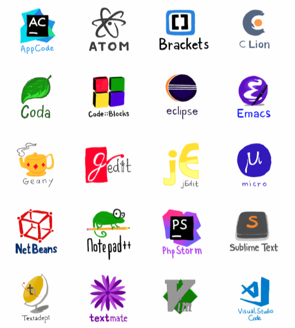 Logos dos editores e IDEs com suporte ao plugin do EditorConfig.