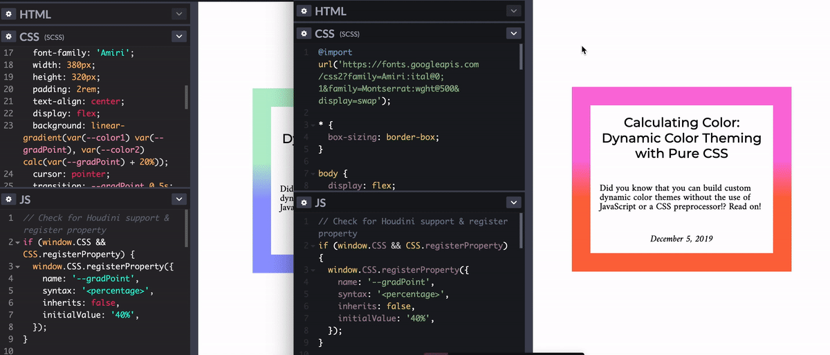 CSS @property: gif animado mostrando bordas com degradê em 2 cenários, uma funciona corretamente e outra não.