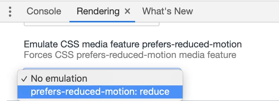 Acessibilidade e CSS: printscreen das DevTools do Chrome com configuração da media feature prefers-reduced-motion.