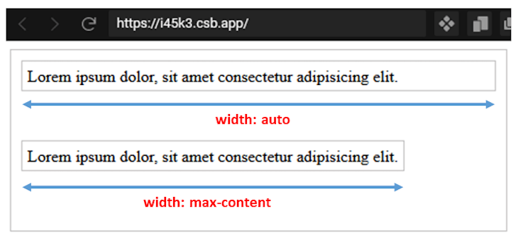 Exemplo de aplicação de max-content em largura de conteúdo.