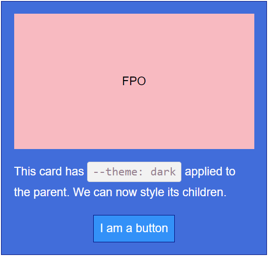 Exemplos de aplicação de style queries em um card usando variáveis CSS.