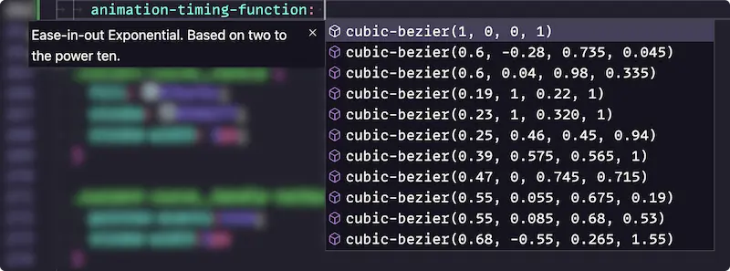 Opções de easing no VS Code, cuja aplicação é uma excelente opção para melhores animações e transições CSS.