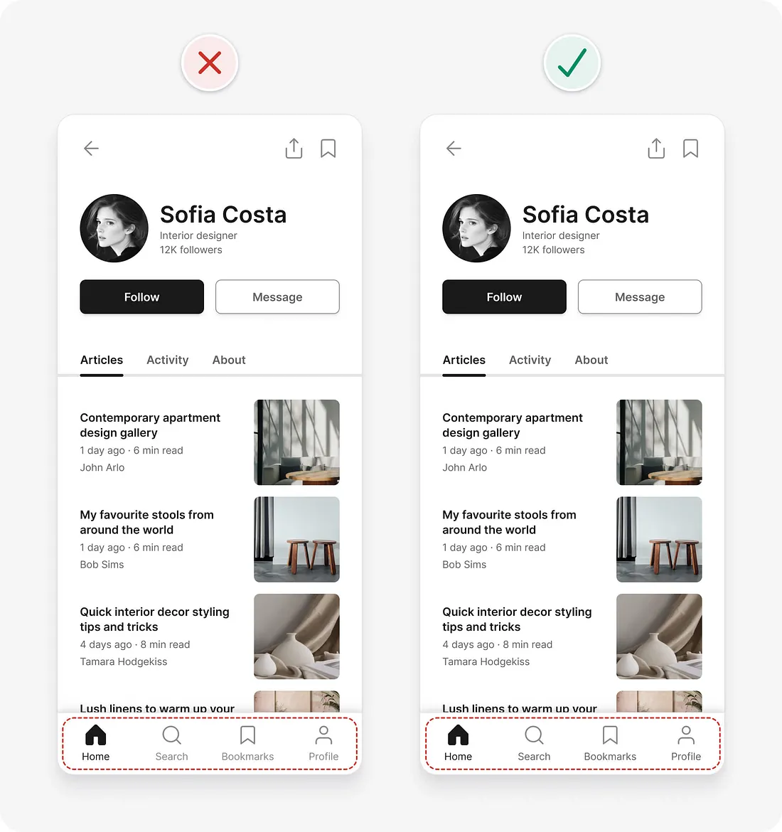 Dicas de UI para interfaces mais eficientes: antes e depois de aplicação de técnicas de equilíbrio visual entre ícones e labels de menu inferior.