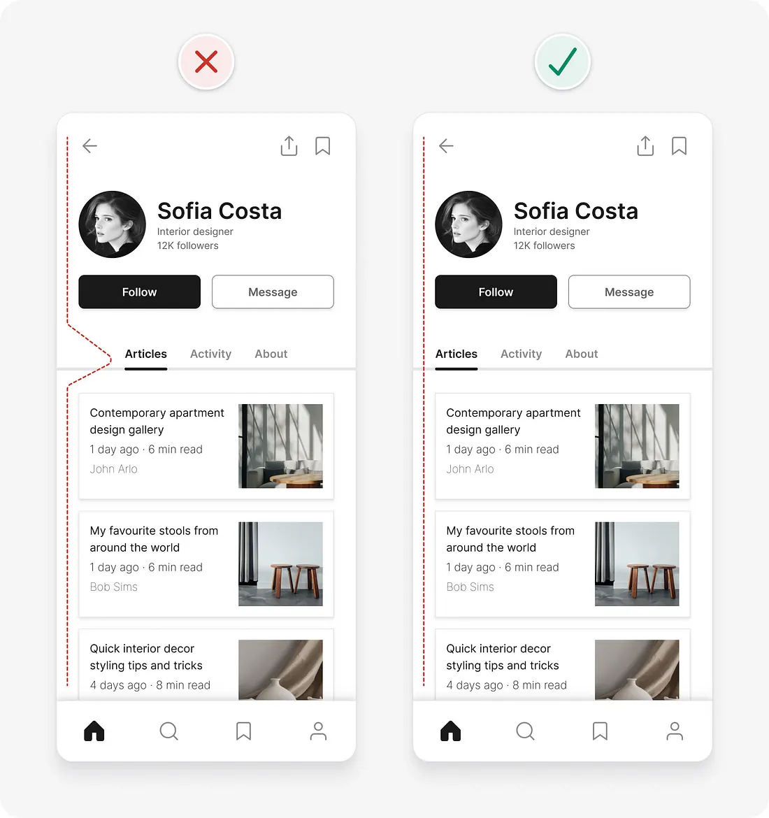 Dicas de UI para interfaces mais eficientes: comparação de interfaces com único alinhamento e múltiplos alinhamentos.