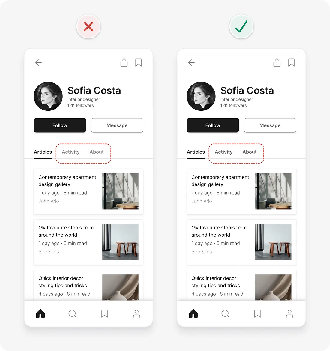Dicas de UI para interfaces mais eficientes: antes e depois de corrigir múltiplos alinhamentos para somente um alinhamento.